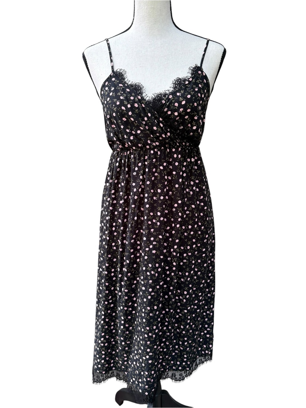 Old Navy Black Floral Lace-Trim Chemise with Pink Print